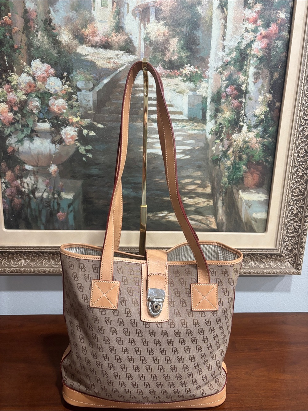 Dooney & Bourke Beige Canvas Tote with Tan Leather Trim